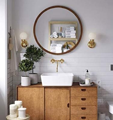 Brown Wood Round Wall Mirror